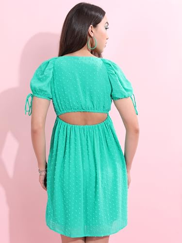 Tokyo Talkies Green Self Design Square Neck Empire Dress