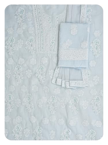 Ada Hand Embroidered Lucknowi Chikankari Unstitched Chanderi Dress Material Suit Piece with Dupatta for Women with Cutdana Work 01A871539 Blue