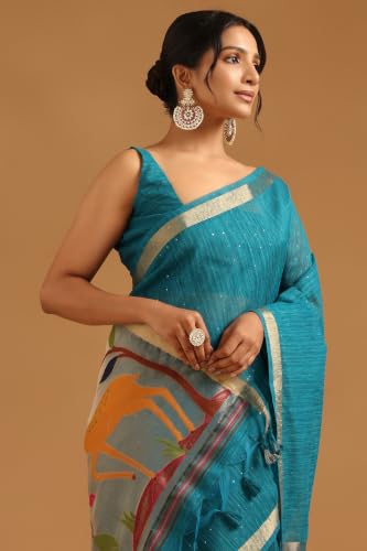 Soch Womens Turquoise Blue Tissue Botanical Zari Woven Saree