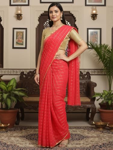 AKHILAM Women's Pink Chiffon Checkered Printed Saree With Unstitched Blouse Piece (RCFL1205_AI)