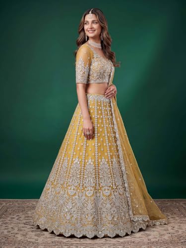 Zeel Clothing Women's Zari Sequins Embroidered Work Soft Net Lehenga Choli With Dupatta (6013-Yellow-Womens-Lehenga-Choli-New; Free size)