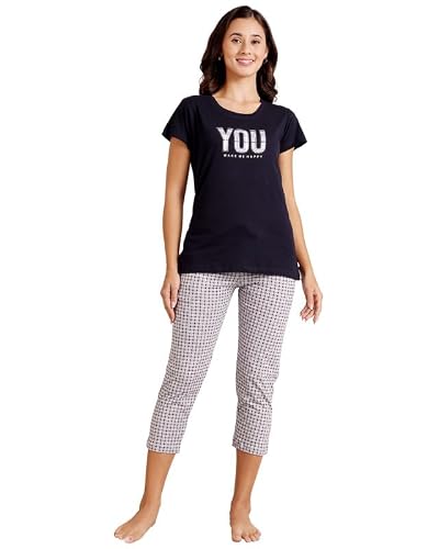 BODYCARE Women's Cotton Printed T-Shirt and Capri Set | Soft & Breathable Nightwear | Short Sleeves | Loungewear Co-Ord Set| BSCS16038_100 Multicolour