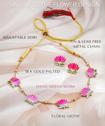 Mansiyaorange Pink & Green South Indian Temple Lotus Motif 18 K Gold-Plated Enamelled Ethnic Traditional Choker Neckalce & Earring Jewellery Set