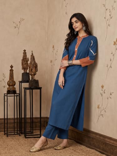 Varanga Women Blue With Rust A Line Kurta Trousers Set Mandarin Collar