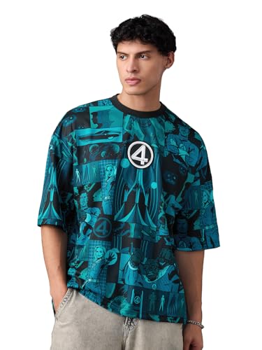 The Souled Store Marvel: Team-Up Men and Boys Short Sleeves Round Neck Blue Graphic Printed Polyester Oversized Jersey