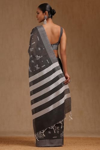 Soch Womens Charcoal Chanderi Warli Print Saree With Thread Work