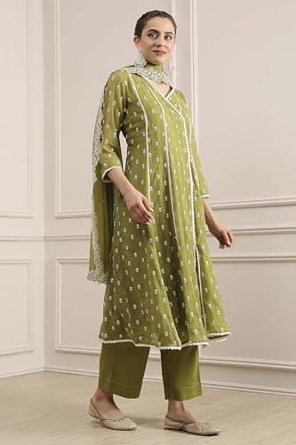 Biba Women Mehandi Green Chanderi Kalidar Dyed Suit Set_32