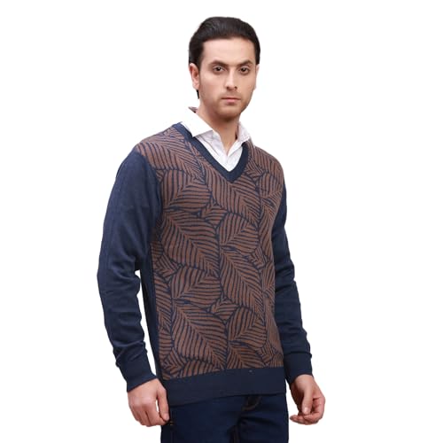 Colorplus Men's Tailored Fit Wool Blend Full Sleeve V Neck Jacquard Pattern Dark Blue Casual Sweater (Size: M)-CMWA03205-B6