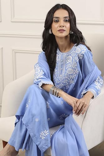 Biba Women Blue Poly Viscose Straight Suit Set_36