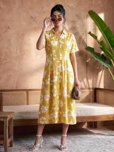 Max Women Printed Shirt Dress (Yellow_S)