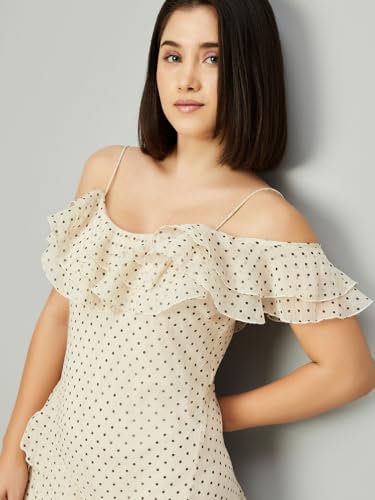 Max Women's Polyester A-Line Midi Dress (DTI3709_Ecru