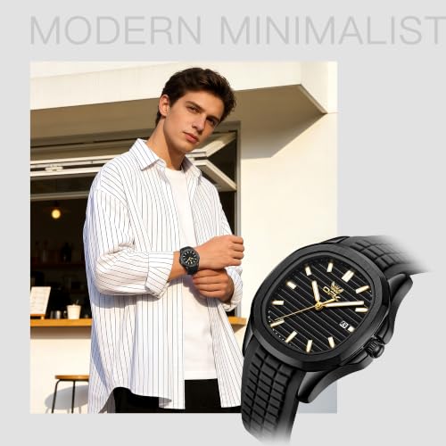 OPK Men's Quartz Watch Gold Plated Case Black Rubber Strap Black Dial Date Display Luminous Waterproof Business Casual Wristwatch