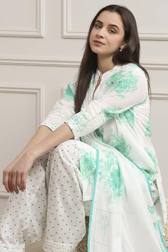 Biba Women Turquoise Cotton Straight Suit Set_42