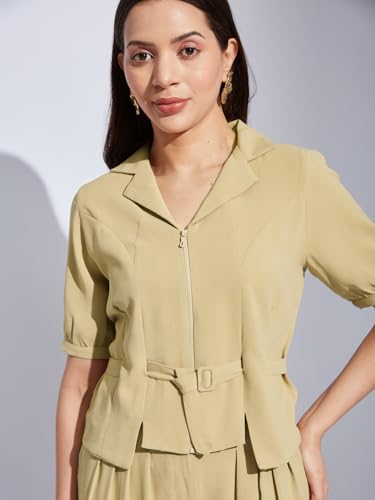 Latin Quarters Women Beige Collared Half Sleeves Solid Top Blouse for Casual Wear_XXL