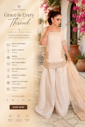 Women's Off White Chinon Embroidered Kurti Set With Palazzo And Dupatta