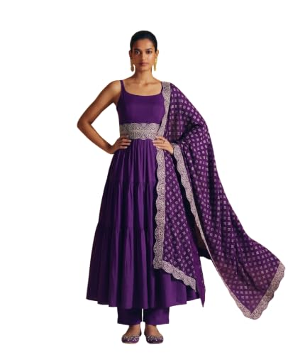 Women's Purple Silk Blend Anarkali Kurta Set With Dupatta
