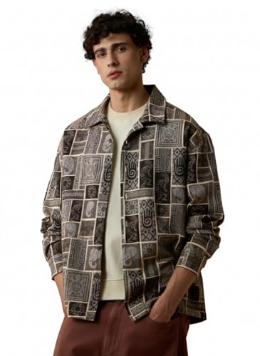 The Souled Store Nomad: Spirit Men and Boys Full Sleeves Spread Collar Brown and Beige Geometric Printed Cotton Lightweight Everyday Oversized Shackets