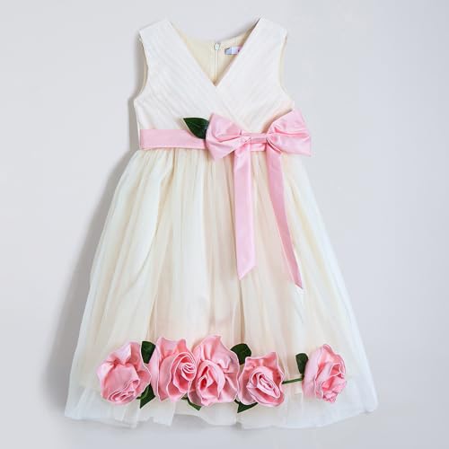 Hopscotch Girls Cream Sleeveless Floral Applique Bow Dress for Age (9-12 Months)