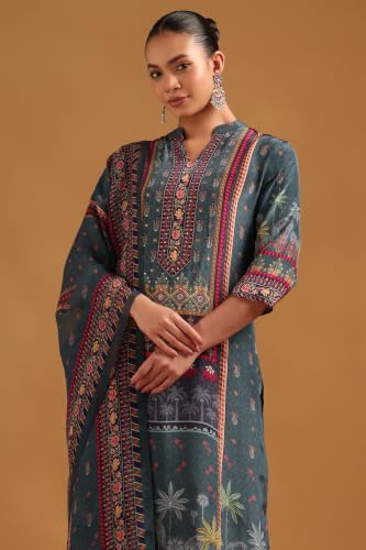 Soch Womens Grey Viscose Botanical Salwar Suit With Bead