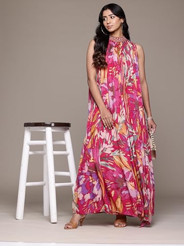 Ritu Kumar Band Collar Sleeveless Long Dress Fushcia