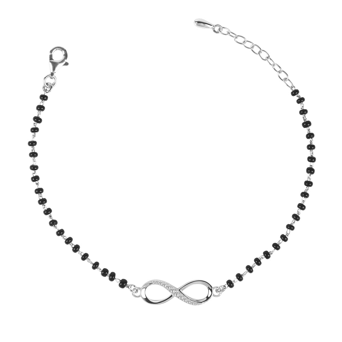 Clara Womens 925 Sterling Silver Infinity Hand Mangalsutra Bracelet | Black Beads, Rhodium Plated | Gift For Wife