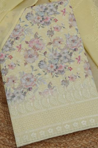 Soch Womens Light Yellow Cotton Floral Print Unstitch Dress Material With Thread Work