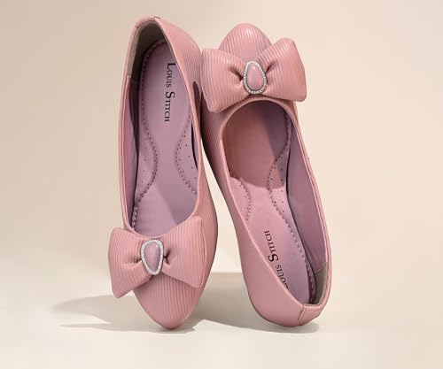 LOUIS STITCH Women’s Pink Stylish Bow Ballerina Flats | Premium Closed-Toe Flat Sandals| Comfort Ballerina for Office & Everyday Style| LS-LDCF-010 | UK-6