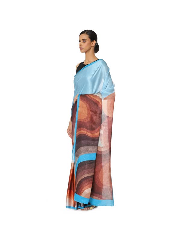 Satya Paul Blue Powder Satin Georgette Printed Silk Saree for Women