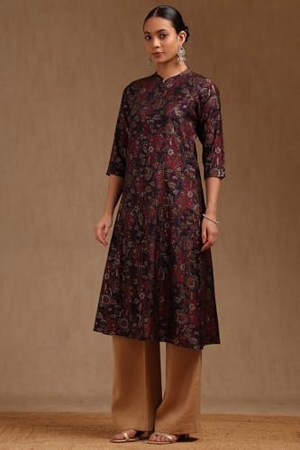 Soch Womens Wine Muslin Botanical Print Kurta with Thread Work