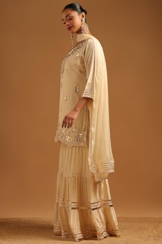 Soch Womens Cream Tissue Floral Printed Salwar Suit With Mirror Work