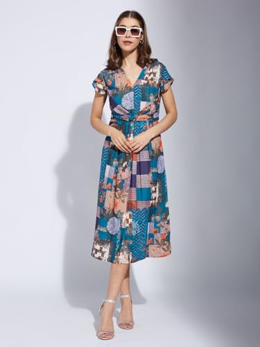 Latin Quarters Women Teal V-Neck Half Sleeve Printed A-Line Dress_S