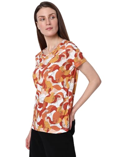VERO MODA Women Printed Cotton Blend Regular Fit Brown T-Shirt