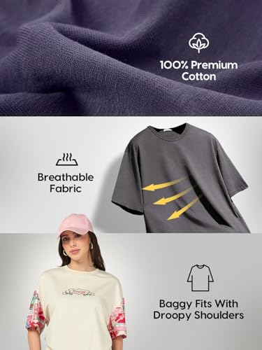 Bewakoof Official Harry Potter Merchandise Women's Graphic Printed Oversized Fit Half Sleeve Round Neck Cotton Jersey Acid Wash T-Shirt_659430_Blue_3XL