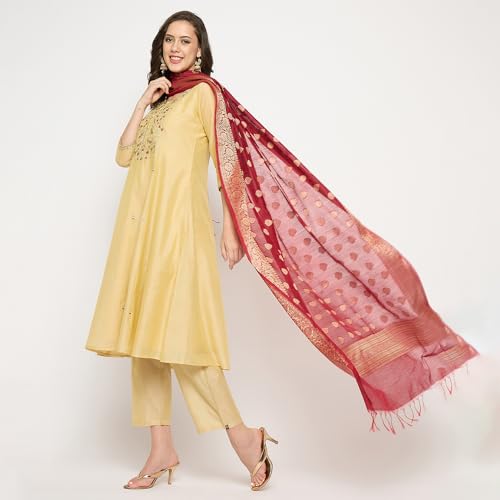 Rangavali Beige Gold Embroidered Festive Anarkali Suit Set | Chanderi Readymade Outfit Kurti, Pant & Banarasi Dupatta for Women | Kurti Set for Ladies | 3 Pcs, M, 34
