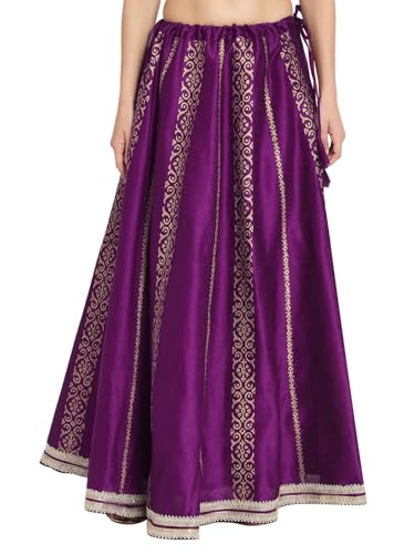 studio rasa Women's Dupion Hand Block Printed Embellished Bias Skirt for Festive Party Wedding (SKTC523RC01S_Purple_Small)