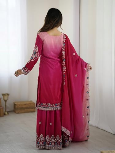 Leeli Peeri Designer Women's Chinon Silk Embroidery Kurta Palazzo and Dupatta Set
