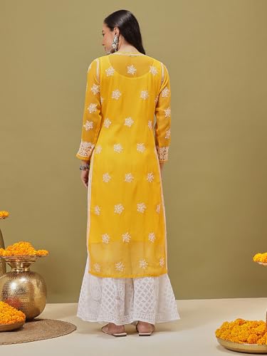 Ada Lucknowi Handmade Chikankari Straight Georgette Kurta with Slip for Women A411220 (Mustard, L)