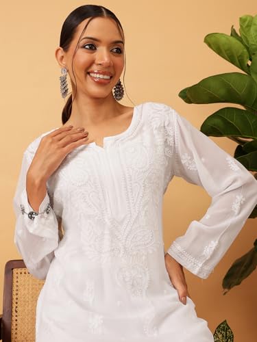 Ada Hand Embroidered Lucknowi Chikankari Viscose Georgette Kurta and Pant Set for Women A811292 White (M)