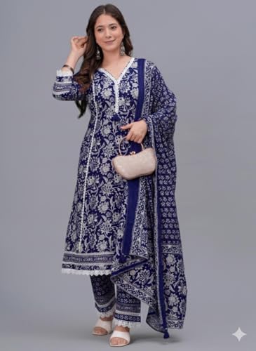 Amayra Women's Pure Cotton Printed Straight Kurta Set with Palazzo Pants & Dupatta- Ethnic Wear, Blue(TCK621,XXL)