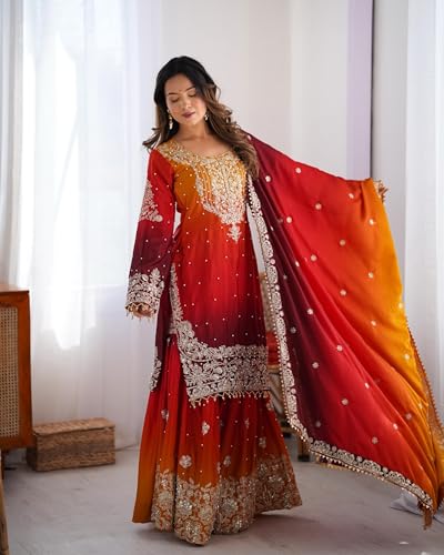 LEELI PEERI DESIGNER Women's Chinon Silk Embroidery Multicolour Kurta Sharara Set With Dupatta(45PDM10-M)