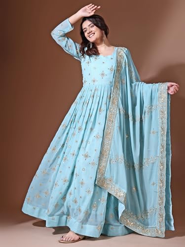 Fashion Basket Georgette Sequins Long Dress for Women (in, Alpha, 2XL, Regular, SKU Blue)
