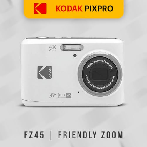 Kodak PIXPRO FZ45 Friendly Zoom Digital Camera (White) Bundle with Folding Storage Travel Case, 128GB SD Class 10 UHS-I U1 V10 Full HD Memory Card, and Procell AA (4-Pack) (4 Items)