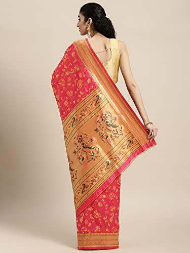 Panzora Women's Paithani Silk Saree With Unstitched Blouse Piece (Gajri-Pink)
