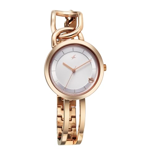 Fastrack Opulence Quartz Analog Silver White Dial Champagne Gold Metal Strap Watch for Girls