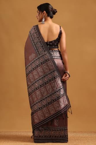 Soch Womens Earth Tussar Kantha Embroidered Saree With Faux Mirror