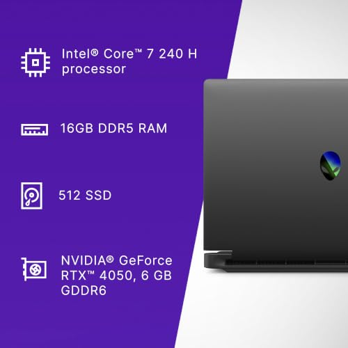Dell Alienware 15 Gaming Laptop, AI Enabled Intel Core 7 240H Processor, 16GB:512GB, NVIDIA 4050, 6 GB GDDR6, 15.3" WUXGA 165Hz 300nits, Alienware White Backlit Keyboard, 2.25kg