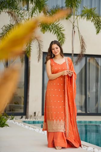 VARNI FABRICS: A lady's First Love Women's Orange Straight Ethnic Chinon Silk Kurta Set With Palazzo And Dupatta, Gold Zari Booti, Sleeveless (IN, Alpha, S, Regular)