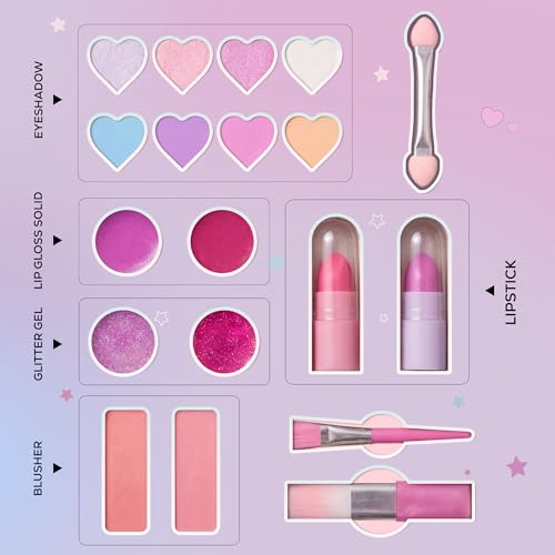 Princess by RENEE Dear Diary Makeup Kit For Kids & Preteens | With 8 Eyeshadows, 2 Blushers, 2 Lipsticks, 2 Lip Gloss Solid, 2 Glitter Gels, 3 Brushes | Dermatologically Tested, Easy To Wash | 1 Unit