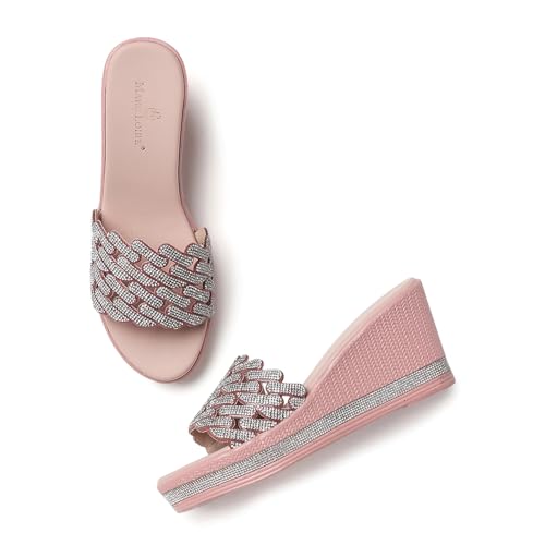 Marc Loire Women Embellished Wedge Heels | Stylish Slip-On Fashion Sandals with Comfortable Sole | Party Footwear (Rose Gold, UK Footwear Size System, Adult, Women, Numeric, Medium, 7)