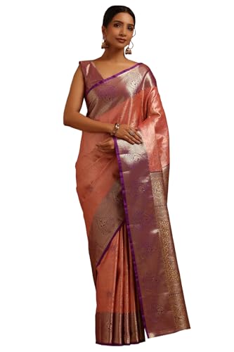 Soch Womens Peach Silk Blend Botanical Zari Woven Saree